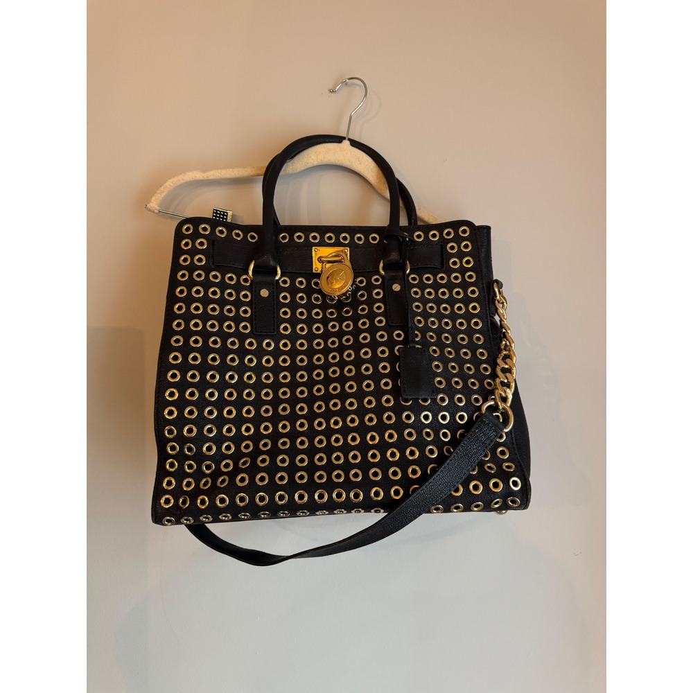 Michael Kors Hamilton Grommet Satchel Black Leather Gold Hardware Tote Bag